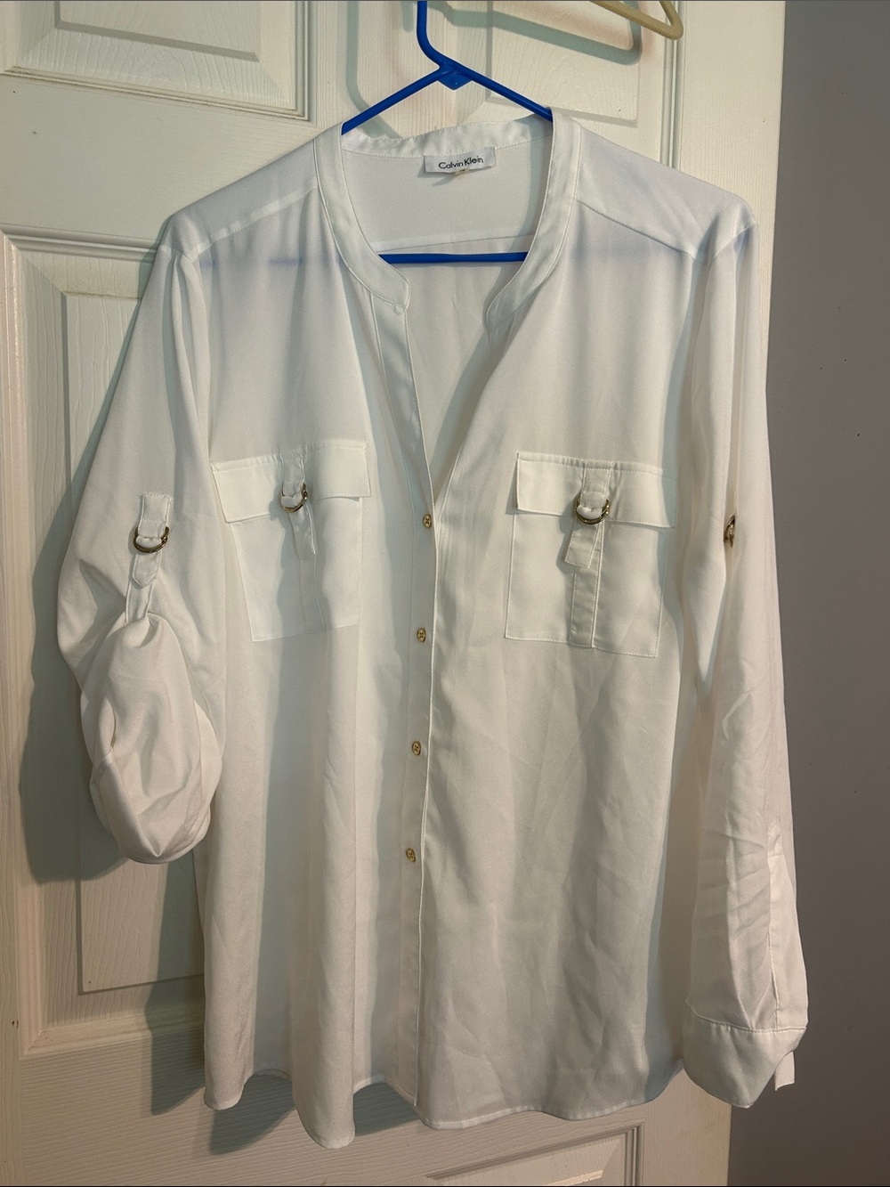 Calvin Klein White Gold-Button Utility Shirt